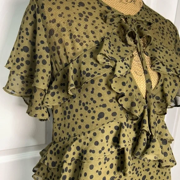 MISA  LOS ANGELES DRESS Chic Ruffle Olive Polka Dot Mini Dress - Picture 5 of 7
